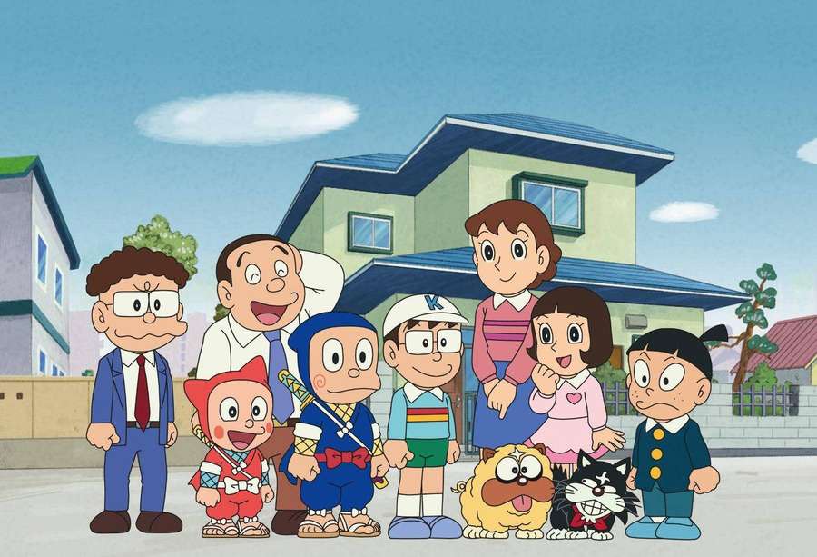 Anime family group with pets standing in front of a house. — Ninja Hattori Wallpaper