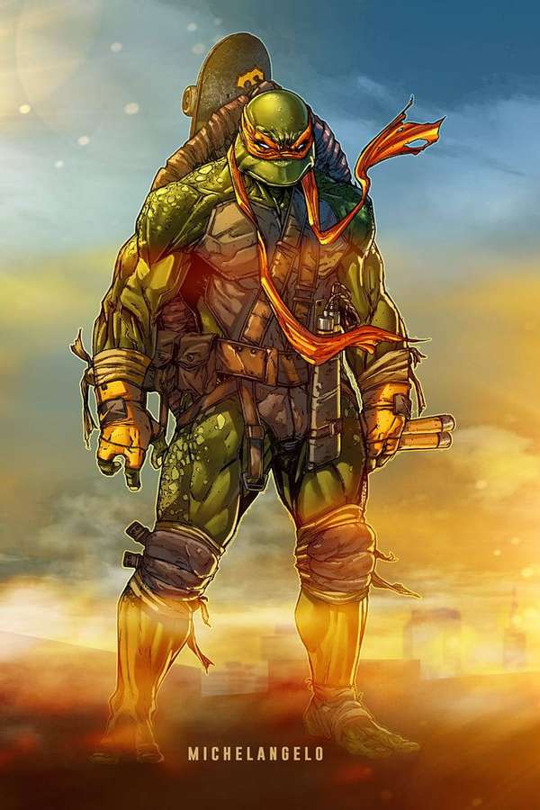 Michelangelo Ninja Turtle in der Stadtlandschaft bei Sonnenuntergang mit Nunchakus — Ninja Turtle Bilder