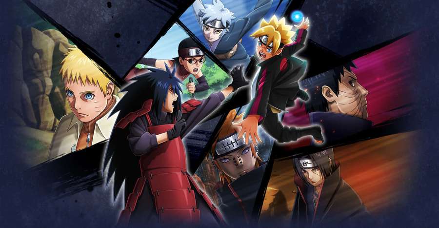Anime ninja characters in dynamic poses across shattered panels with cosmic background. — Ninja World Wallpaper