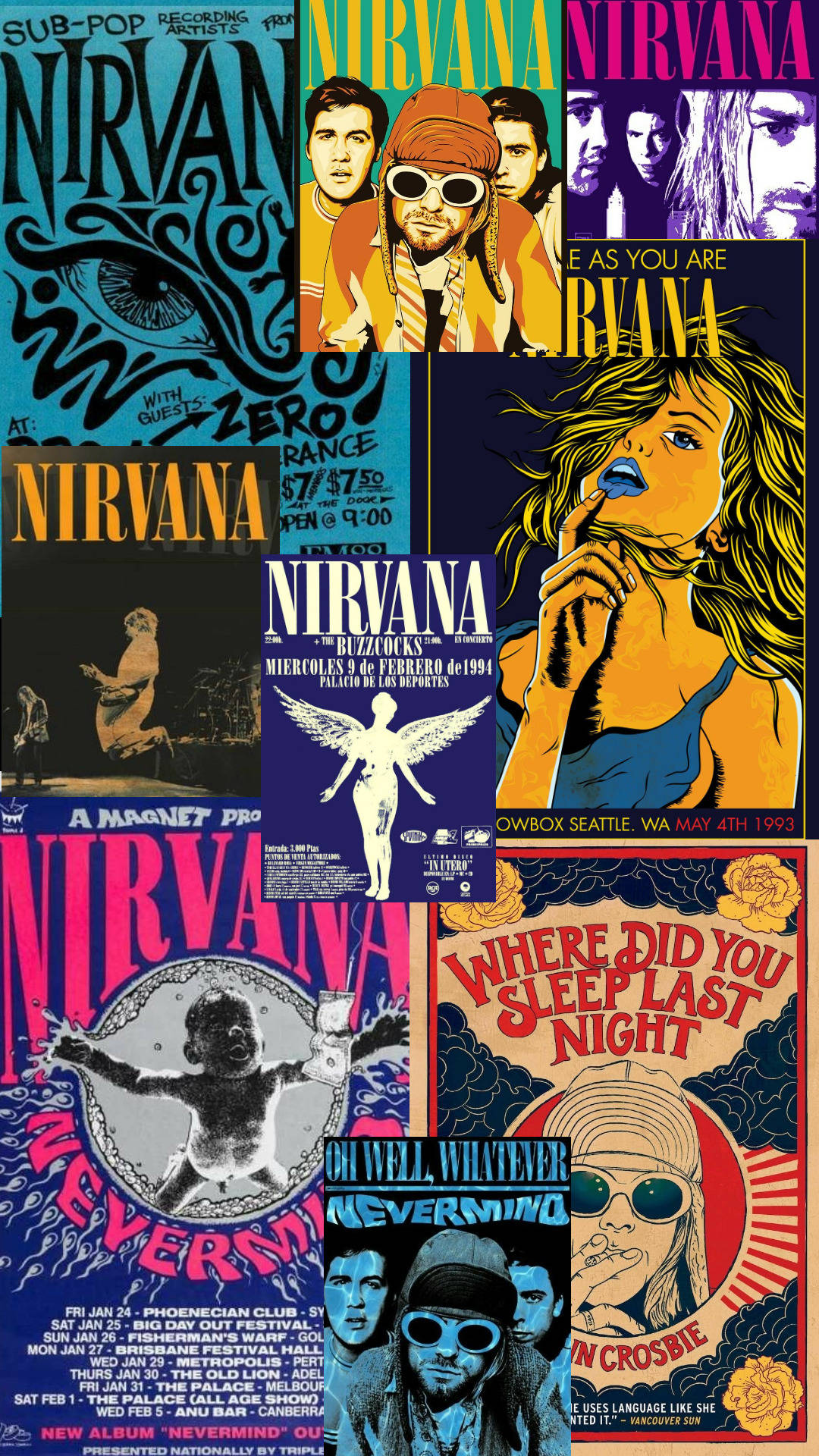 Vintage Nirvana-konsertaffischer collage med bandbilder och fet typografi. — Nirvana bakgrund Bakgrundsbilder