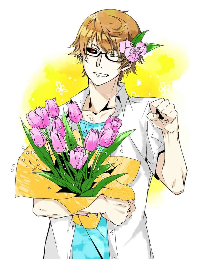 Anime character holding pink tulips with flowers in hair against yellow glow. — Nishiki Nishio Wallpaper