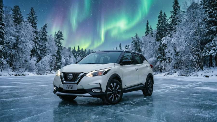 A white Nissan Kicks under the aurora borealis on ice. — Nissan Kicks Wallpaper