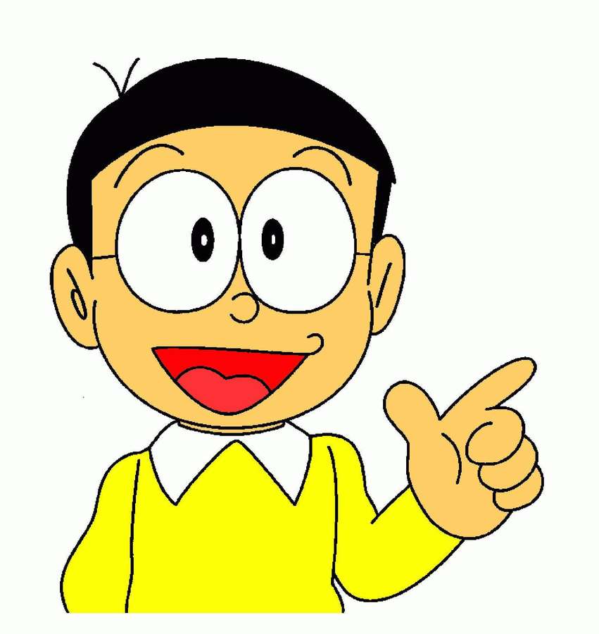 Anime-Junge in gelbem Pullover zeigt mit einem großen Lächeln. — Nobita Wallpaper