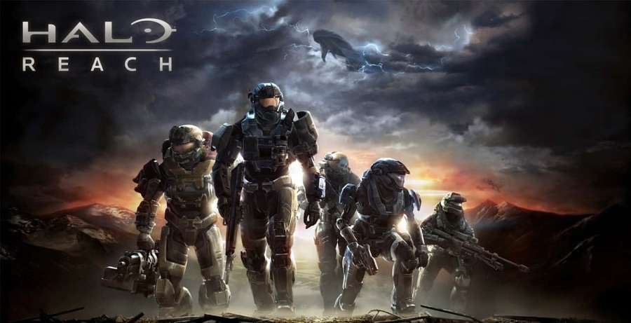 Five armored soldiers in a sci-fi war scene under stormy skies with a giant alien creature. — Noble Team Wallpaper