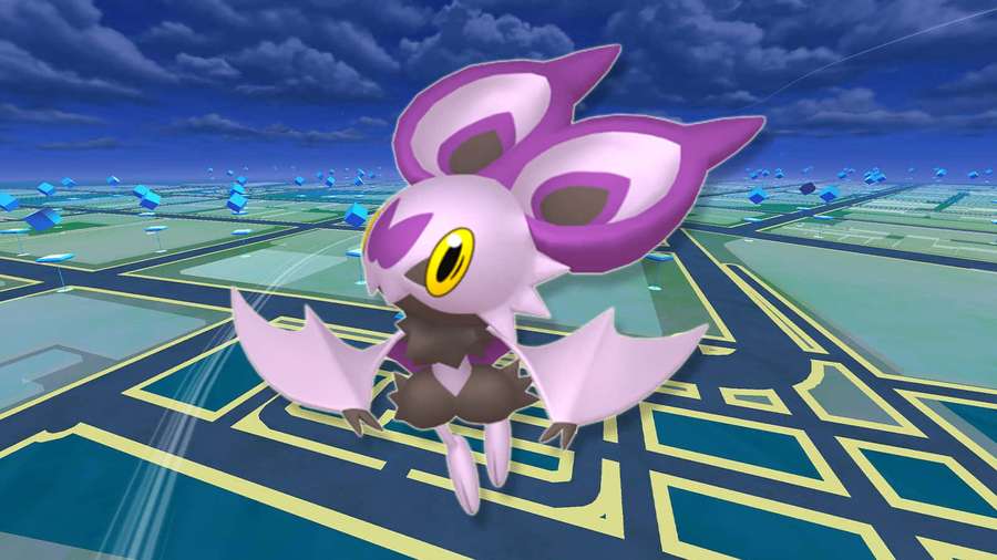A purple and white Pokémon hovering over a blue and yellow grid under a cloudy sky. — Noibat Wallpaper