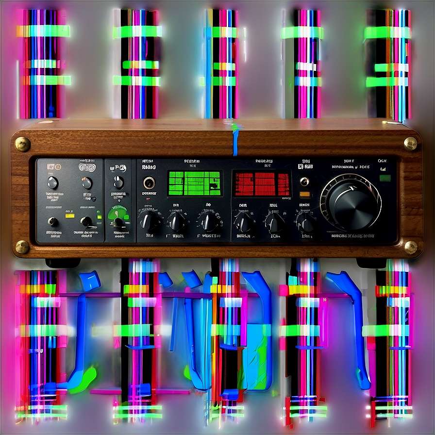 Vintage wooden radio with glowing dials surrounded by neon light streaks and digital artifacts. — Noise PNG