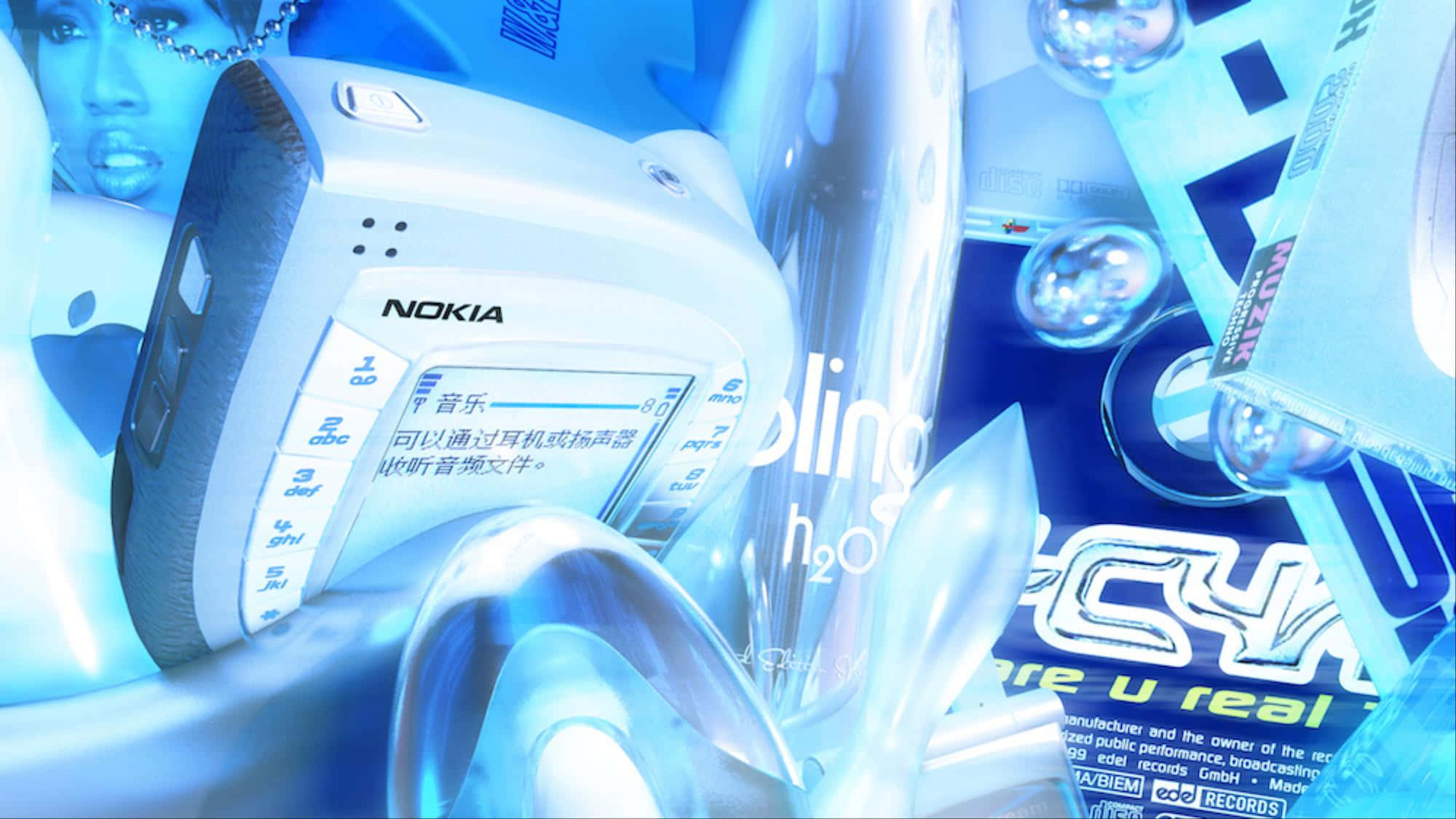 Ein leuchtend blaues Nokia-Telefon, umgeben von Glaskugeln und Neontext. — Nokia Bilder