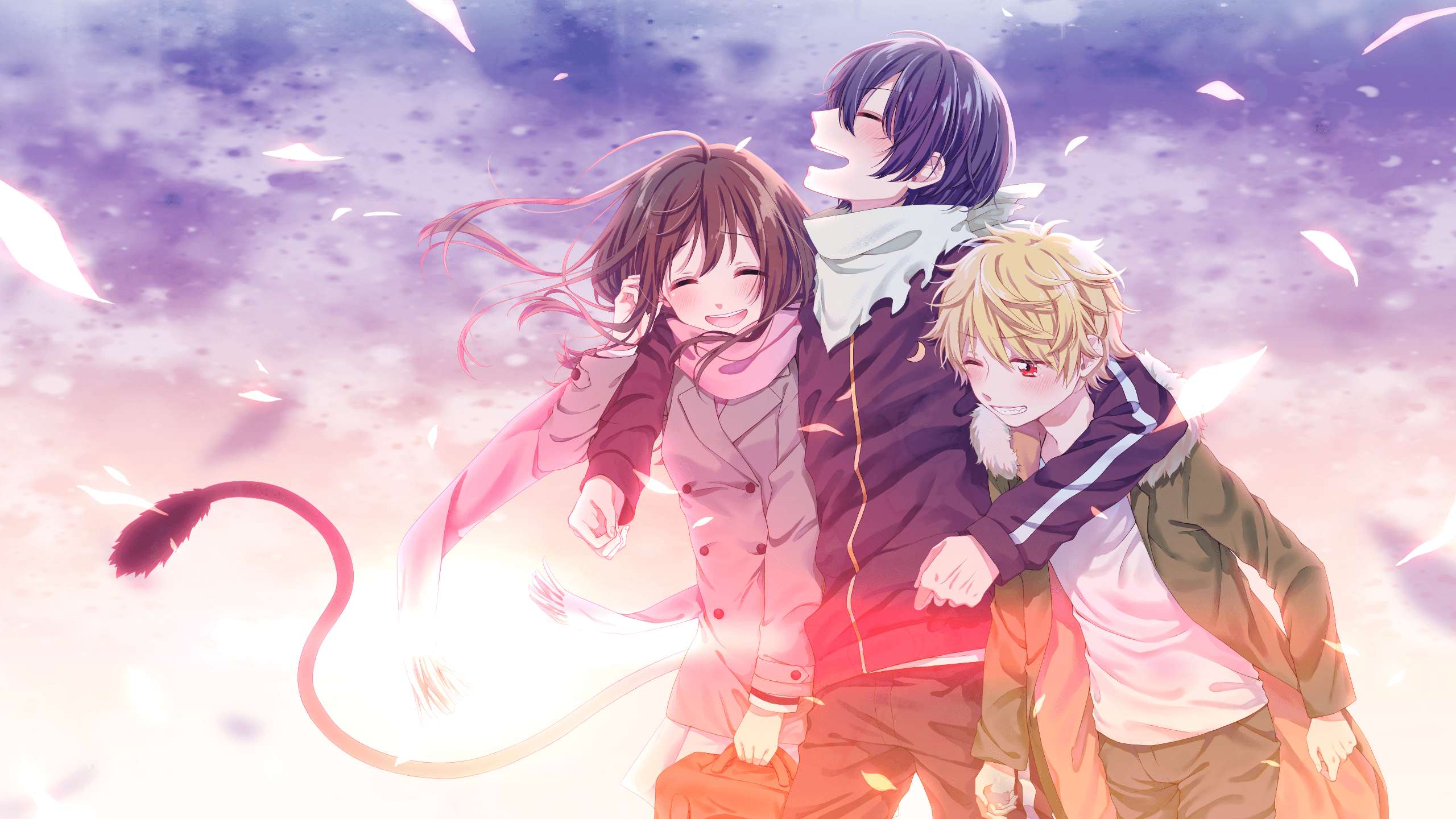 Three anime friends laughing with cherry blossoms swirling around them. — Noragami Background