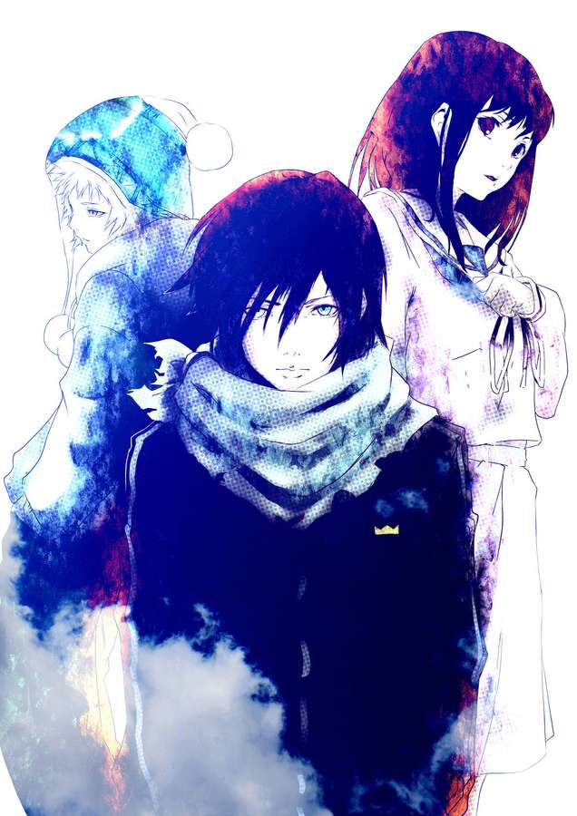 Three anime characters in winter gear with watercolor effects and smoke background. — Noragami Wallpaper