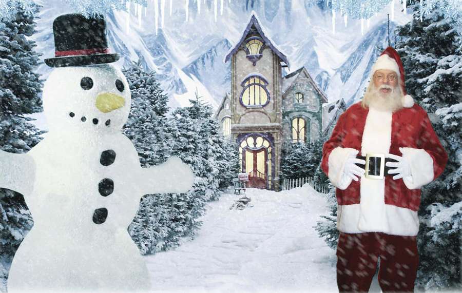 Santa Claus and snowman in front of a snowy Victorian house. — North Pole Background