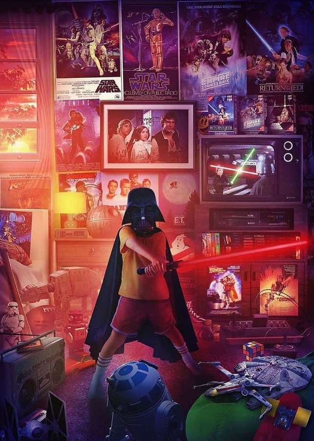 Child dressed as Darth Vader holding a red lightsaber in a Star Wars-themed bedroom. — Nostalgic Picture