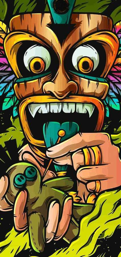 Eine Cartoon-Tiki-Maske mit einem Frosch im Mund und einem Zahnstocher, der eingeführt wird. — Notch Bilder