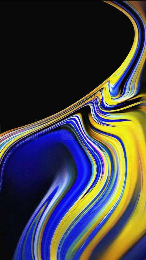 Dynamic swirl of blue and yellow paint against black background — Note 10 Wallpaper