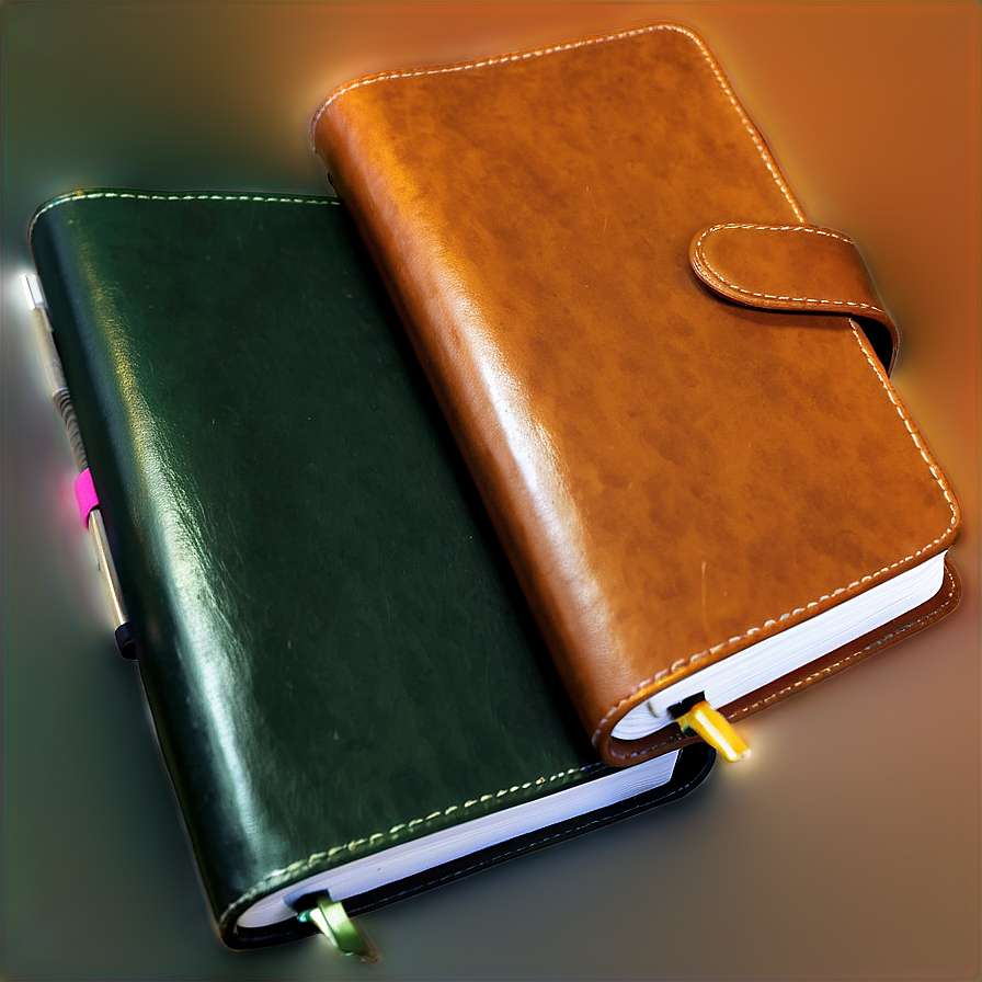 Two leather notebooks with colorful bookmarks glowing softly on a gradient surface. — Notebook PNG