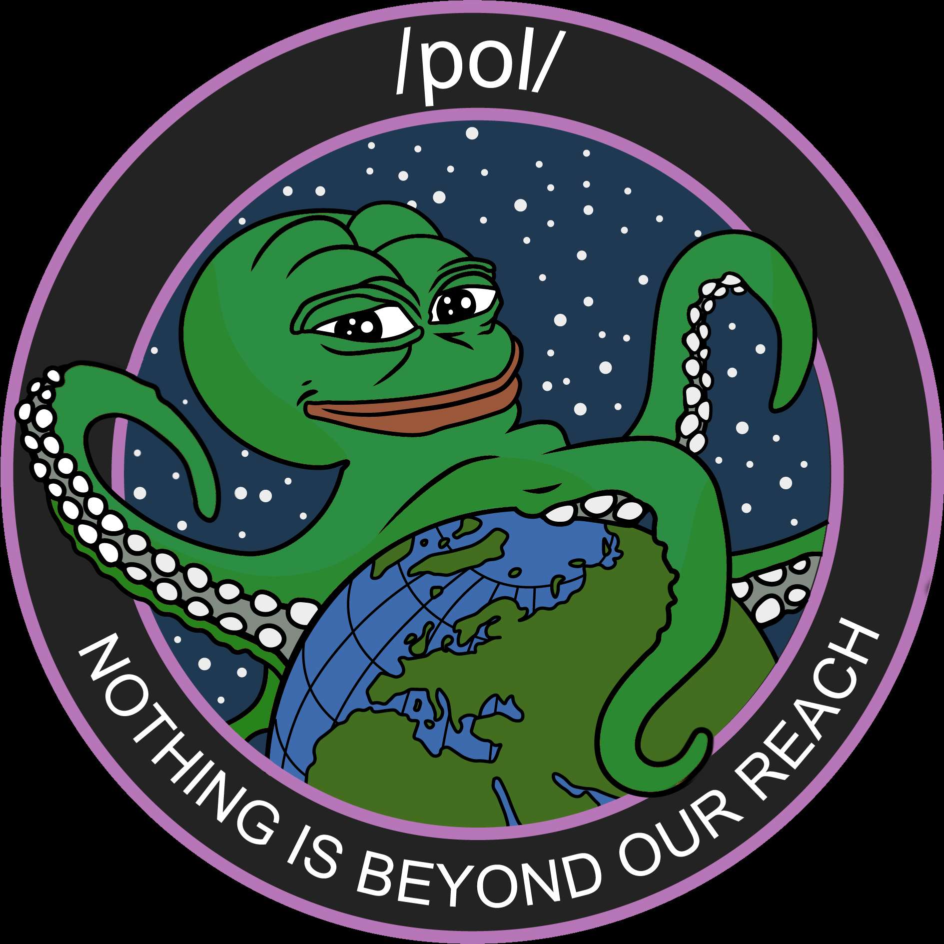 Green cartoon octopus holding globe in space with text 'Nothing is beyond our reach'. — Nothing PNG
