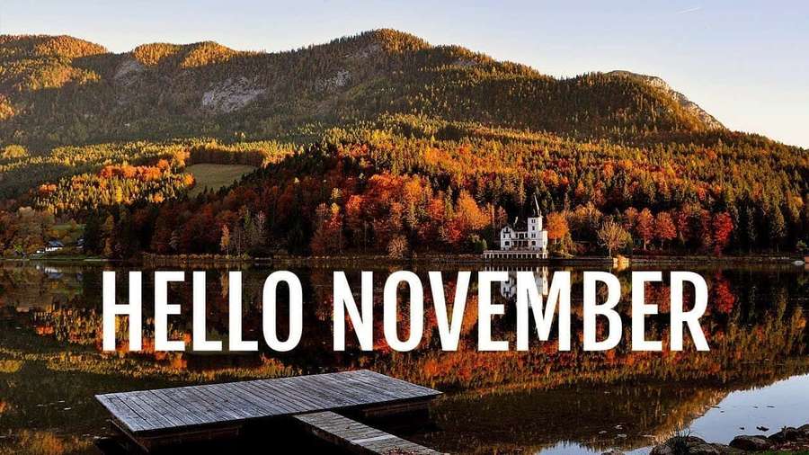 Autumn lake with castle and mountains at sunset with text hello november — November Fall Wallpaper