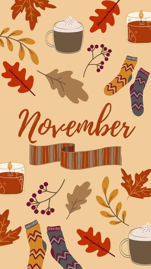 November cozy autumn decor with leaves candles and patterned socks. — November iPhone Background