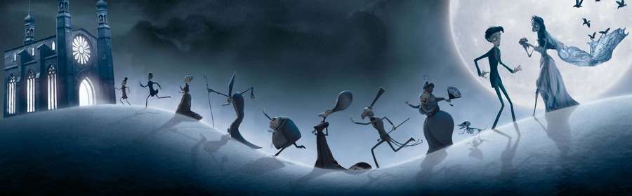 Figuras animadas bailan a la luz de la luna junto a una iglesia gótica nevada. — Novia cadáver Fondos de pantalla
