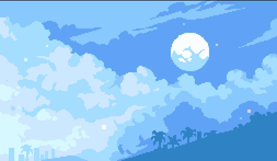 Cielo nocturno pixelado con luna y nubes sobre colinas tropicales y palmeras. — Nubes estéticas Fondos de pantalla