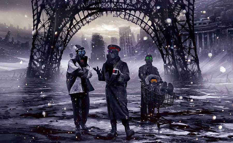 Three masked figures in a snowy ruined city with a broken archway. — Nuclear Winter Wallpaper