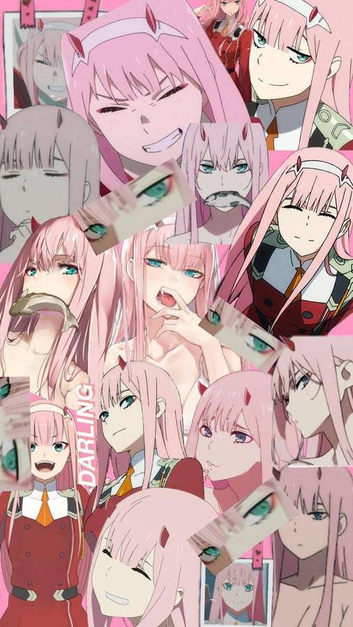 Anime-Collage eines rosa-haarigen Mädchens mit Teufelshörnern in mehreren Ausdrücken. — Null Zwei Wallpaper
