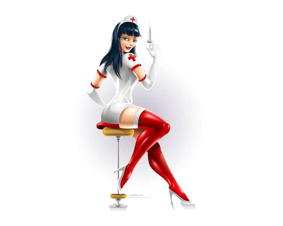 Anime nurse in white uniform and red stockings holding a syringe while seated. — Nurse Wallpaper
