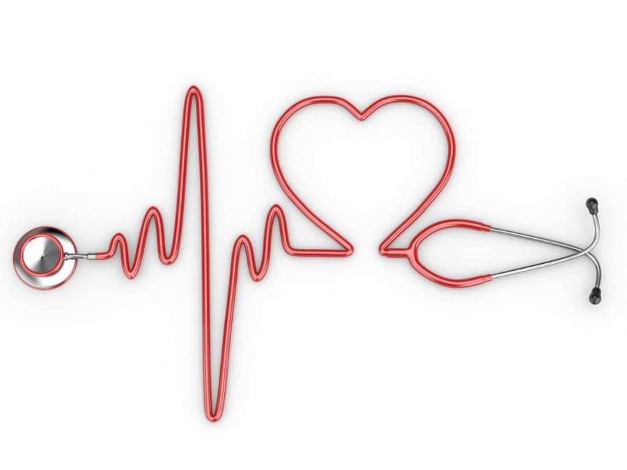 Red stethoscope forming a heartbeat line with a heart shape in the middle. — Nursing Background