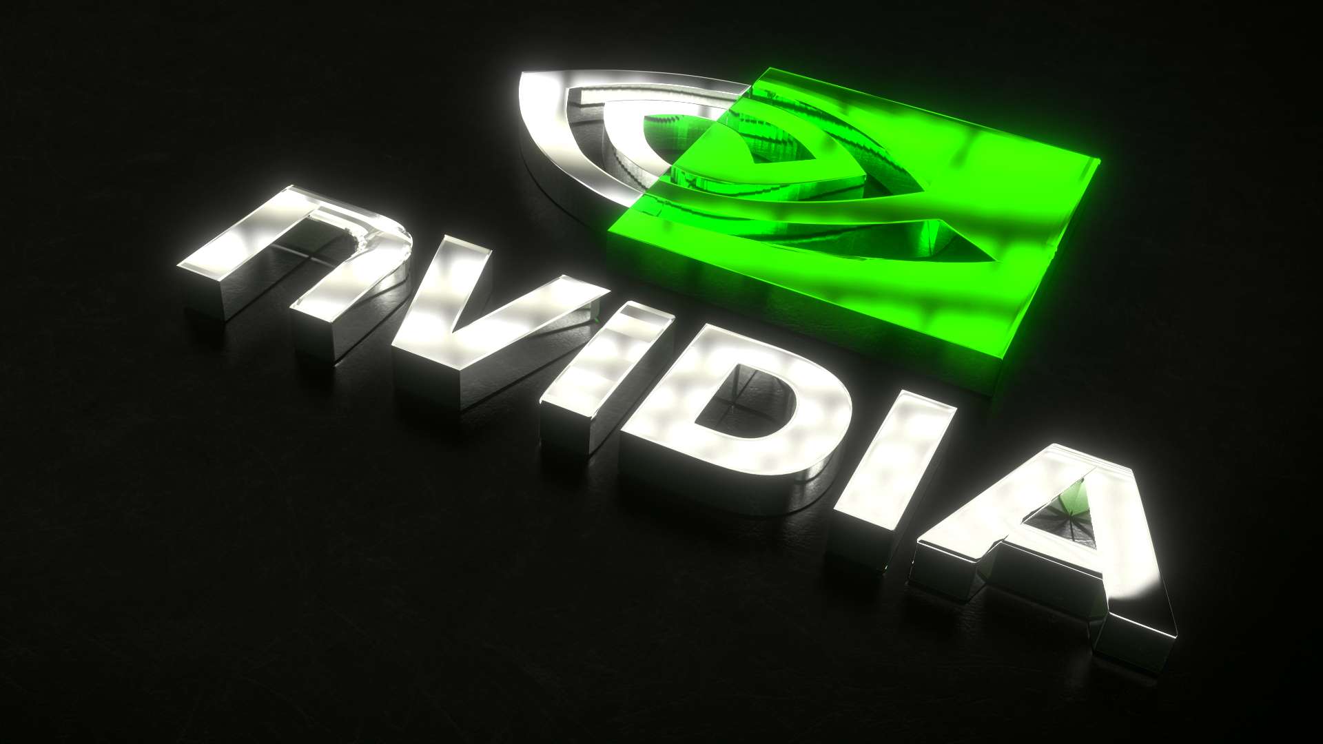 NVIDIA logo with green square and silver letters on black background. — Nvidia Background