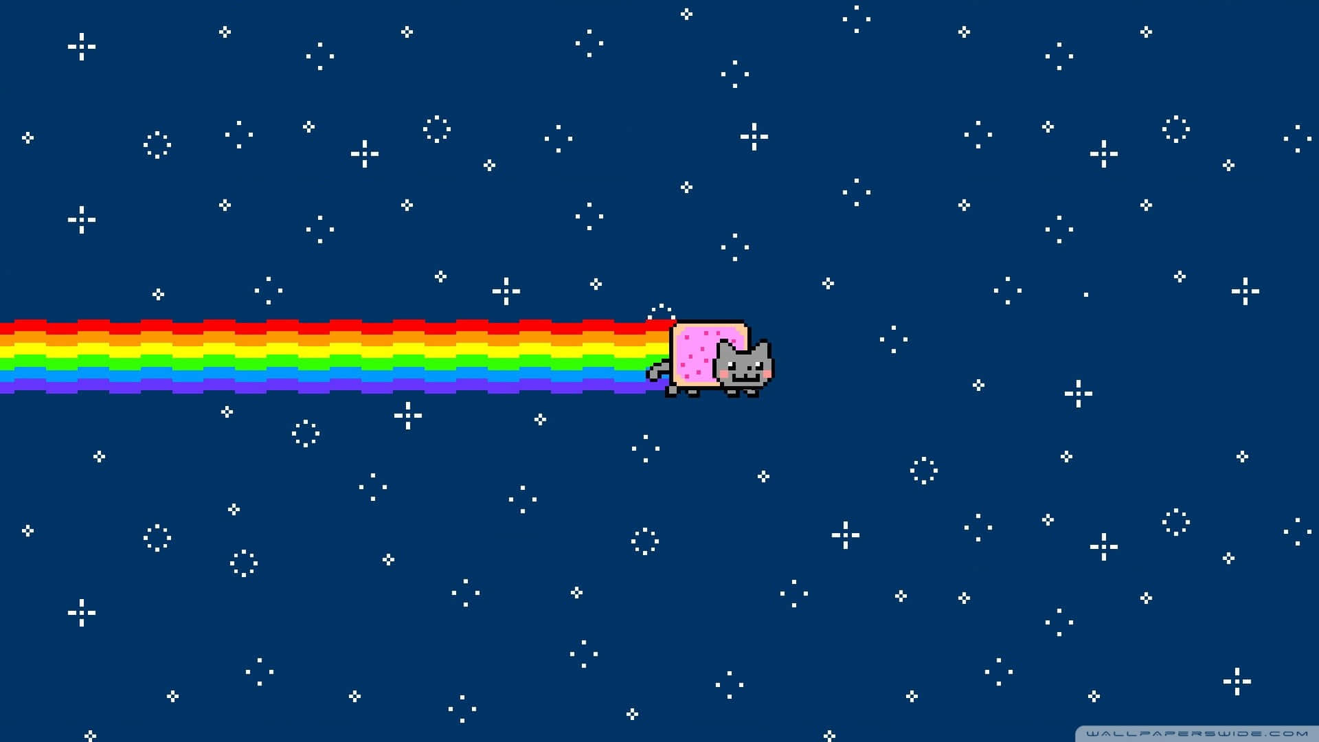 Pixel cat flying through starry night with rainbow trail — Nyan Cat Wallpaper