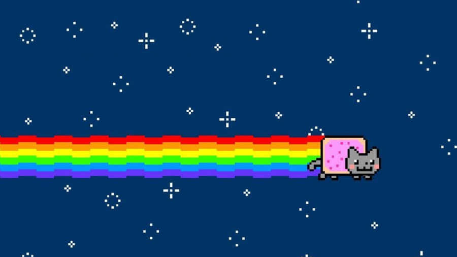 Pixel cat with pink body leaving rainbow trail in starry night sky — Nyan Cat Background
