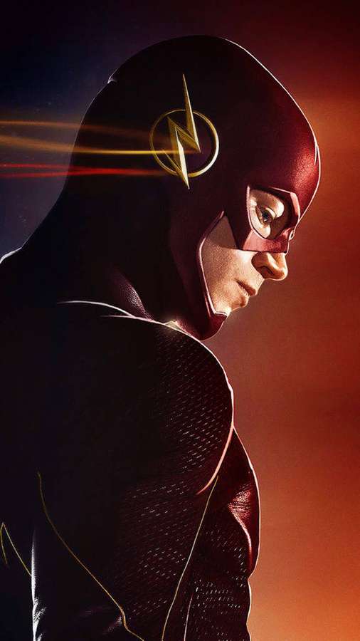 O super-herói The Flash em traje vermelho com emblema de raio dourado em pose dramática. — O iPhone em Flash Papéis de Parede