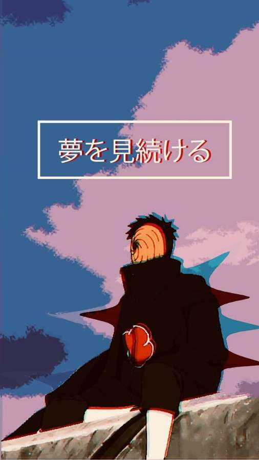 Animehahmo istuu reunalla värikkään taivaan alla japanilaisella tekstillä. — Obito Aesthetic Taustakuvat