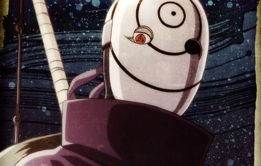Anime character with one red eye and spiral pattern smiling in starry night sky. — Obito Mask Wallpaper