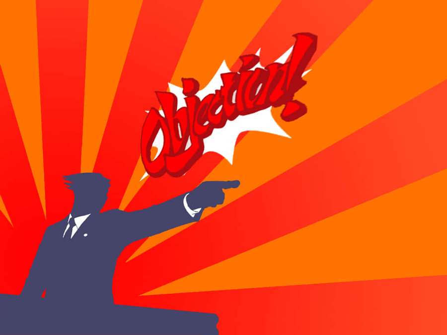 Silhouette of a man in suit pointing with 'Object!' speech bubble on orange red background — Objection Wallpaper