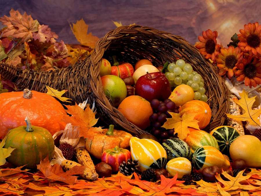 Reichhaltige Herbsterntereihe mit Kürbissen, Früchten und Blättern. — Obst Und Gemüse Wallpaper