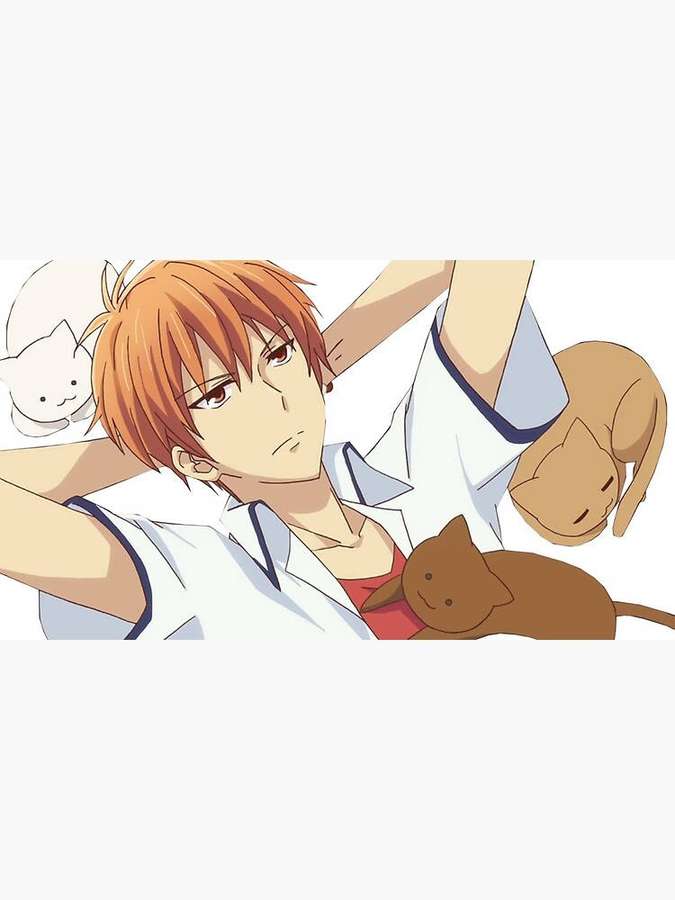Anime-Junge mit orangefarbenen Haaren ruht mit drei Katzen um sich herum. — Obstkorb 2019 Wallpaper