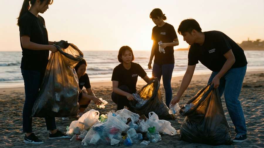 Beach cleanup at sunset, volunteers fighting pollution — Ocean Conservation Wallpaper