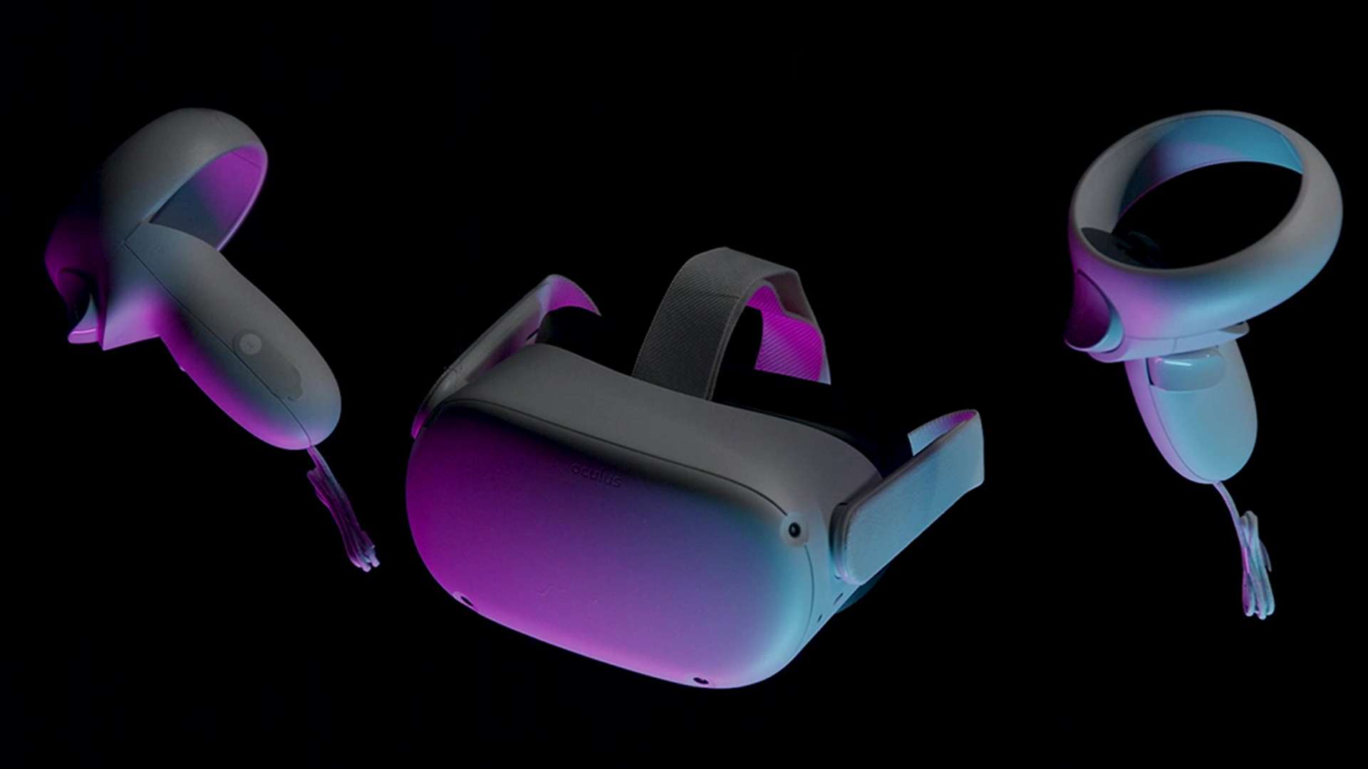 VR headset and controllers glowing with purple and blue light on black background — Oculus Quest 2 Background