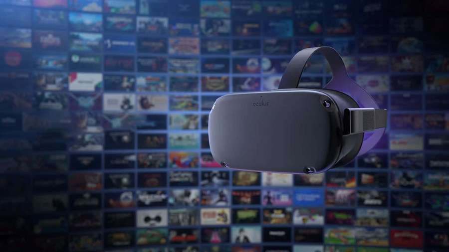 Schwebendes Oculus VR-Headset vor einem Raster von Spielcovern. — Oculus Quest 2 Hintergrundbild