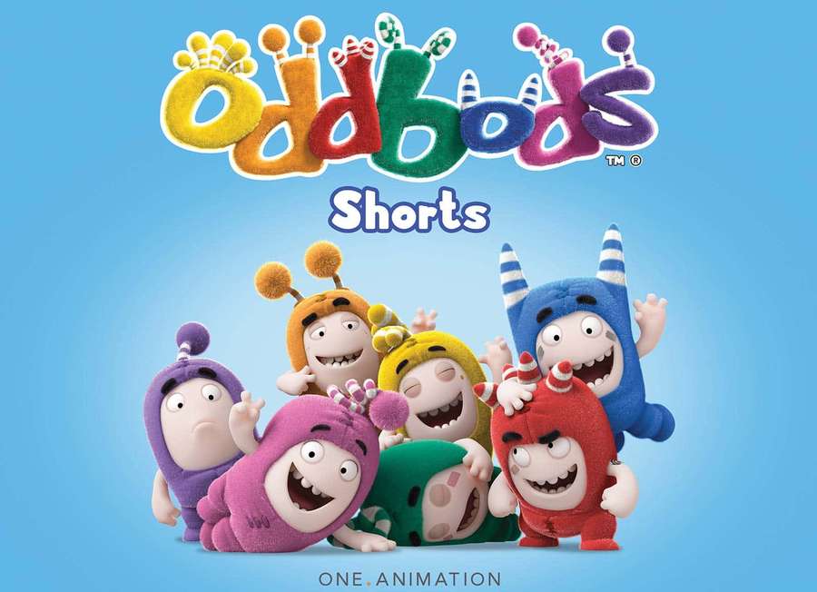Seven cheerful cartoon characters with antennae and big smiles. — Oddbods Background