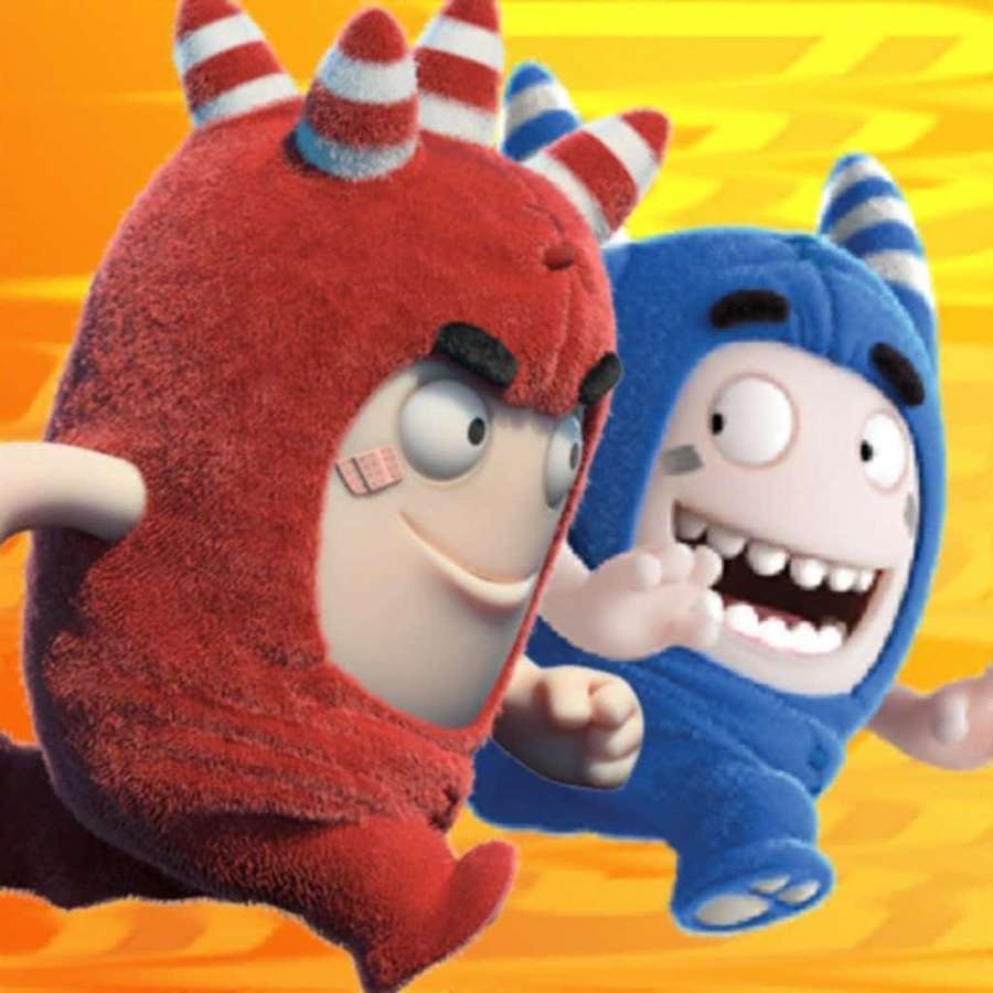 Zwei lächelnde Cartoon-Monster in roten und blauen Kostümen, die voller Energie rennen. — Oddbods Bilder
