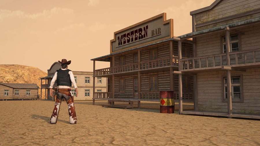 Vaquero frente a un salón del oeste en un pueblo del desierto. — Oeste Salvaje Fondos de pantalla