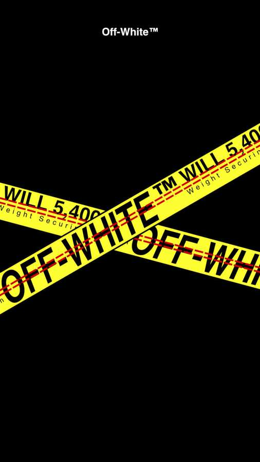 Yellow caution tape with Off-White branding crossed on black background. — Off White iPhone Wallpaper