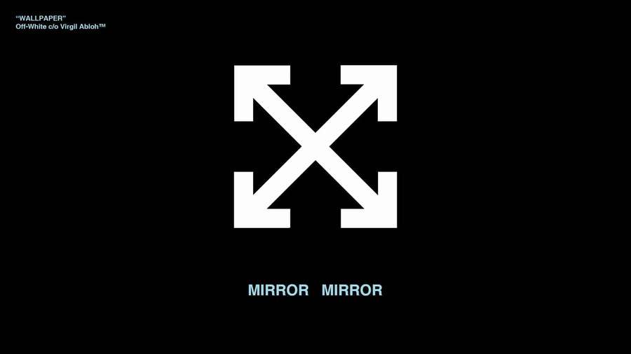 Off-White logo with four arrows on black background and text below — Off White Logo Background