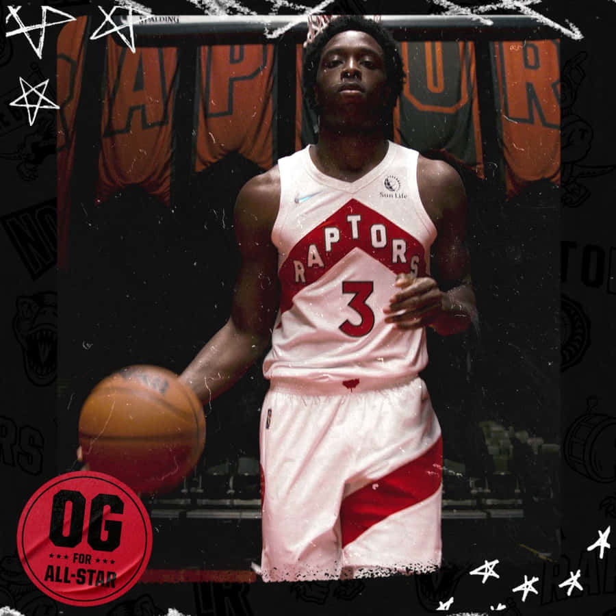 Toronto Raptors basketspelare i vit tröja håller boll med lagbanderoller bakom. — Och anunoby Bakgrundsbilder