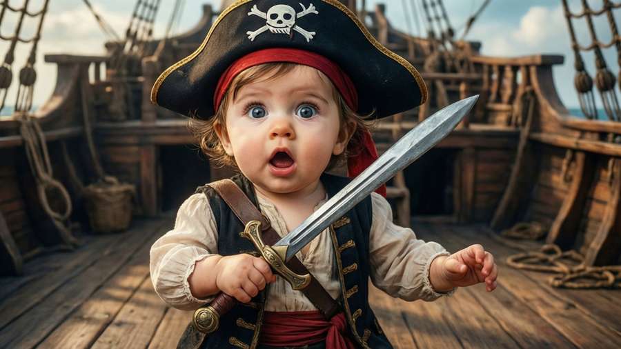 Cartoon baby pirate with hat and sword on ship deck. — Oh Baby Wallpaper