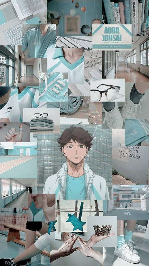 Anime-Figur in Sportkleidung umgeben von einer Collage aus Büchern, Brillen und Volleyball-Elementen. — Oikawa Bilder