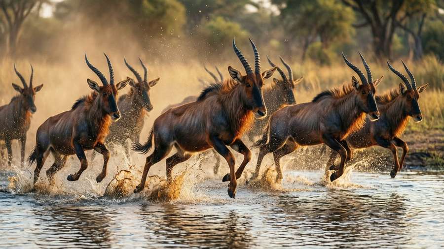 Energetic red lechwe antelopes bounding through delta waters. — Okavango Delta Picture