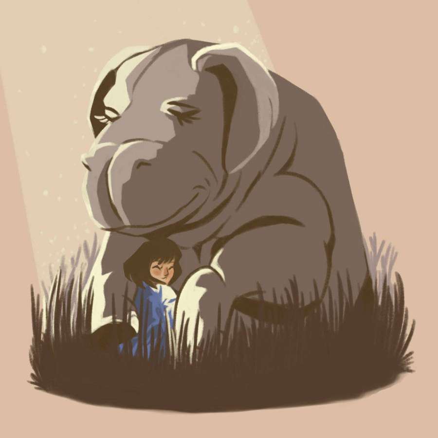 A child rests safely in the grass beside a large gentle elephant under warm light. — Okja Picture