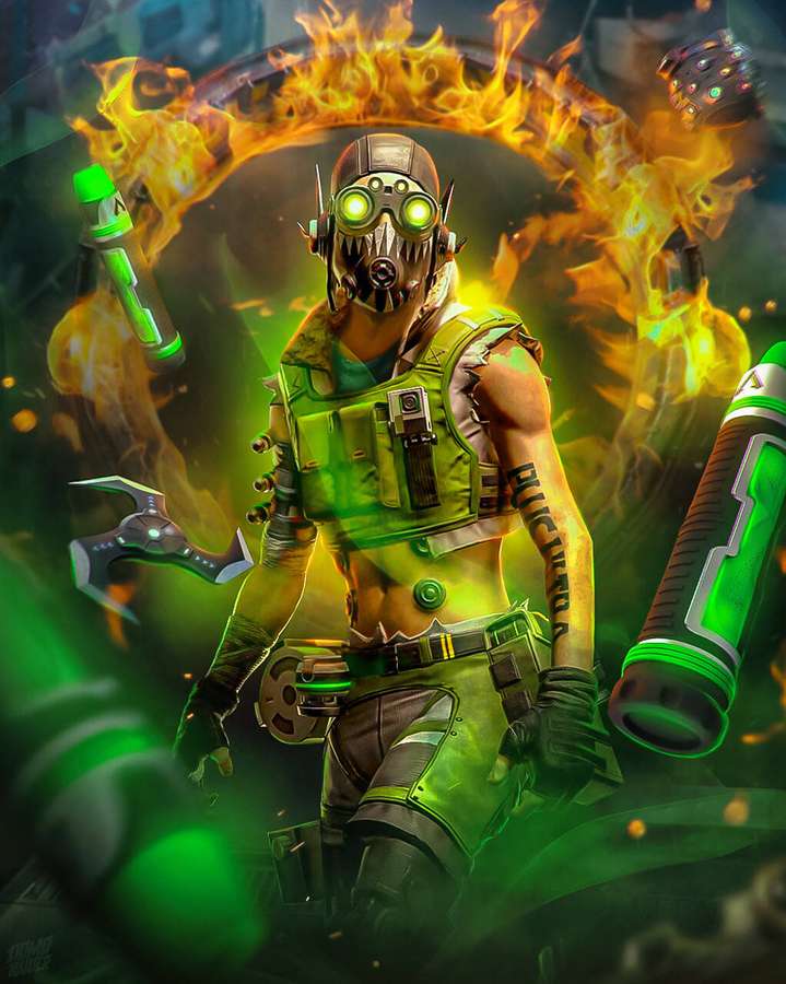 Ein futuristischer Krieger in grüner Rüstung und glühenden Brillen, umgeben von Flammen und Waffen. — Oktan Wallpaper